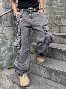 Manfinity EMRG Loose Fit Men's Flap Pocket & Side Panel Cargo Jeans (Without Belt) - Grey - View 6