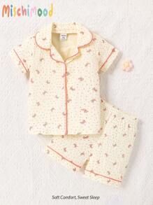 2 pièces/Set Tenue décontractée d'été pour bébé fille, short à manches courtes et nœud imprimé en seersucker rose