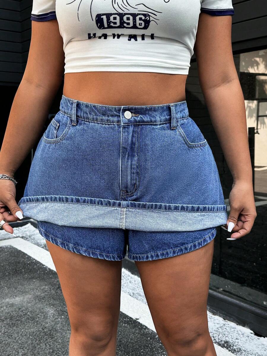 SHEIN ICON Plus Size Casual Washed Elastic Waist Denim Shorts - Dark Wash - View 1