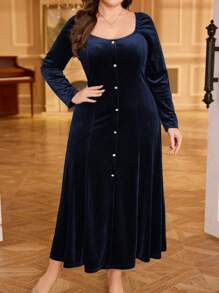 Modelyn Vestido largo elegante de unicolor con botones delanteros para tallas grandes, vestido de mujer maximalista para otoño/invierno
