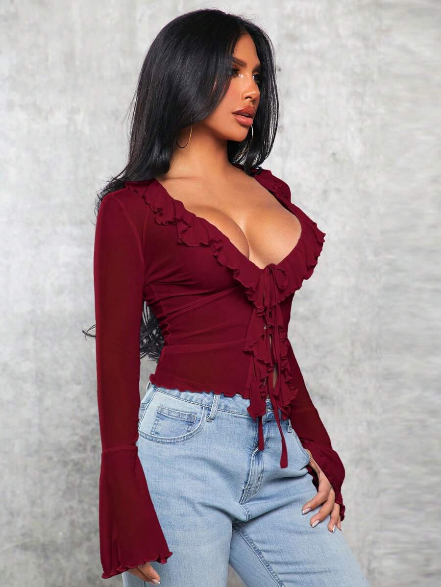 SHEIN SXY Women's Solid Color Ruffle Hem Deep V Front Tie Sheer Mesh Blouse - Burgundy - View 1