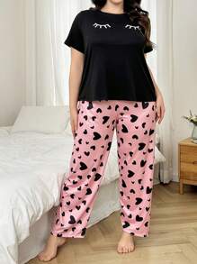 Dream Adore Positioning Printed Eyelash Short Sleeve Top And Heart Print Pants Pajama Set - Black - View 5