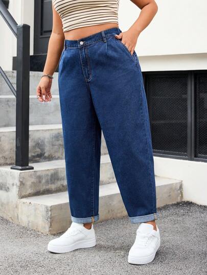 SHEIN ICON Plus Size Women Denim Jeans, Flared Hem Cone Shaped Non-Stretch Pants