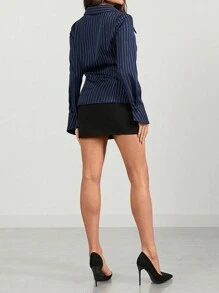 Zolique 日常装大V领收腰显瘦喇叭袖扣老款条纹秋冬长袖商务休闲女衬衫 - 藍白色 - 查看 5