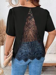 SHEIN LUNE Women's Hollow Out Contrast Lace Back Design Fashionable Versatile Sexy Plus Size Shirt, Suitable For Party, Evening, Casual, Vacation, Cooling, Stress Relief, Evening Long Gown, Elegant Fashion Women Lounge, Summer For Women, St. Patrick's Day, Rave, Festival, Spring Break, Saint Patrick, Boho