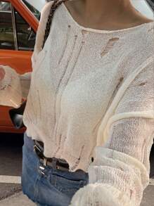 Chiquease Women's Casual Solid Color Short Hollowed-Out Knit Sweater