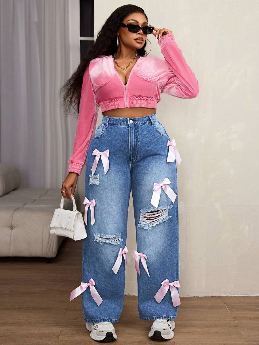 SHEIN SXY Quần Jeans Mẹ Cỡ Lớn Có Nơ Hồng & Chi Tiết Cằn Cỗi - Rửa nhẹ - Xem 1