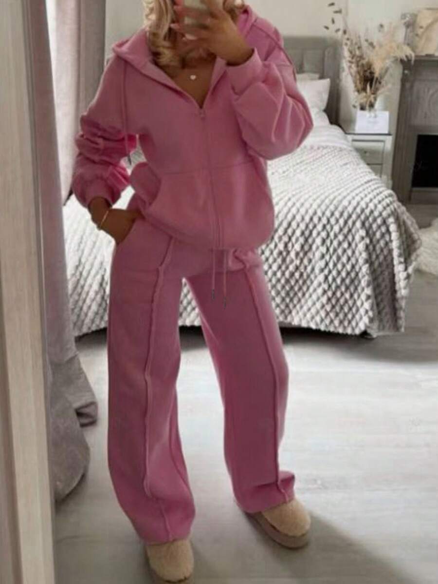 SHEIN EZwear Bộ 2 món/Bộ trang phục thường ngày màu hồng cho nữ có mũ trùm đầu có khóa kéo và quần buộc eo, Xuân/Thu - Hồng - Xem 1