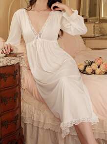 Lace Trim Bow Decor Women's Nightgown Babydoll Holiday Season - White - View 1