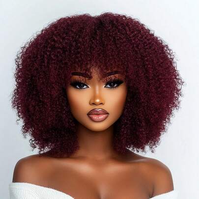 Density Pro Afro Kinky Curly Bob Wig With Bangs Human Hair Fluffy Curly Bob Bang Wigs Glueless Wear And Go Bob Wig Burgundy 99J Big Hair Halloween Costumes