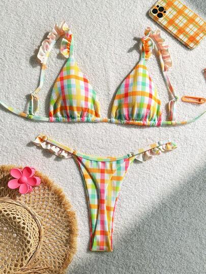 Swim Mod Springbreak 2pcs Set Summer Outfit, Gingham Print Ruffle Strap Triangle Swimwear Top & G-String Bikini Bottoms