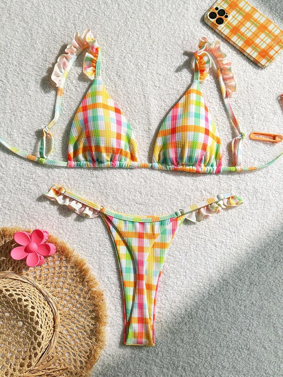 Swim Mod Springbreak 2pcs Set Summer Outfit, Gingham Print Ruffle Strap Triangle Swimwear Top & G-String Bikini Bottoms - Multicolor - View 1