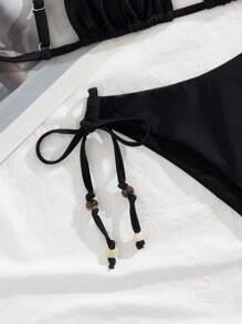 夏季两件套简约时尚性感黑色珠饰女士比基尼套装 - 黑色 - 查看 5