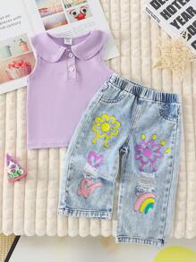 SHEIN Playful Pals 女婴翻领上衣和时尚做旧印花裤套装 - 紫色 - 查看 3