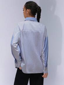 Aveloria Affinna Women's Front Button Long Sleeve Striped Patchwork Casual Blouse, Everyday Wear Fall Cloth For Women - Multicolor - View 2