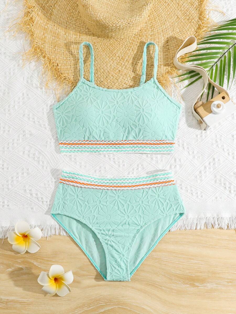 SHEIN 少女女孩两件套泳衣,带缎带,纯色款式,度假海滩装 - 彩色 - 查看 1