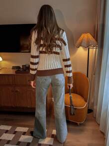 Gaivellea Women's Striped Contrast Color Pullover Sweater, Minimalist Fashion Casual For Daily Wear Knit Pullover Fall Winter Sweater - White - View 2