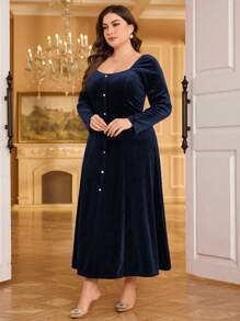 Modelyn Vestido largo elegante de unicolor con botones delanteros para tallas grandes, vestido de mujer maximalista para otoño/invierno