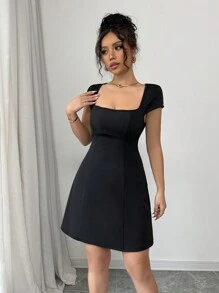 Gloray Đầm mini cổ vuông viền loe màu đen thanh lịch dành cho nữ - màu đen - Xem 4