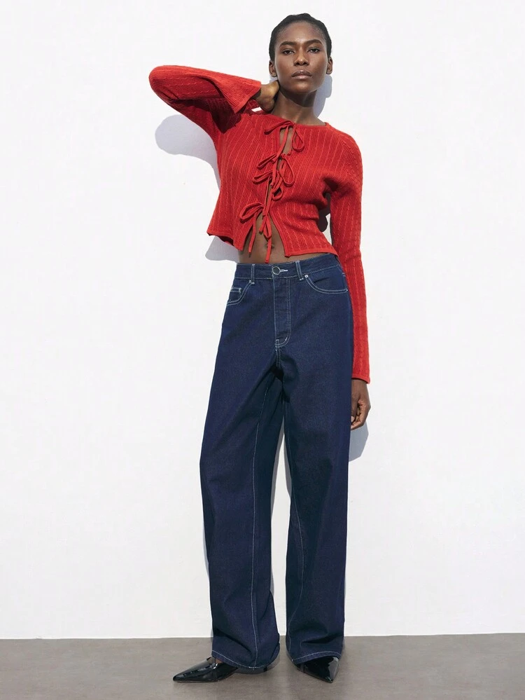 SHEIN Maija 여성용 빨간색 나비매듭 매듭 앞면 긴 소매 피팅 솔리드 컬러 스웨터, 봄과 발렌타인 데이 파티, 축제에 완벽한 우아한 일상복