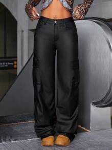 SHEIN ChicEase Women Solid Color Front Button Pocket Casual Straight Pants Fall Cloth For Women - Black - View 4