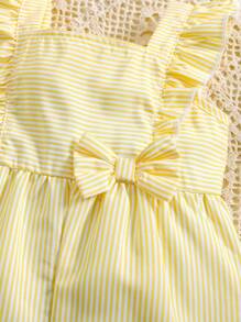SHEIN Vintaside Kids Mono informal de rayas con volantes, lazo frontal y manga de verano para niña bebé, color amarillo, nueva llegada de primavera/verano