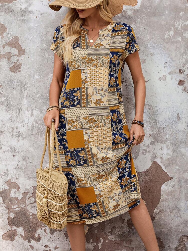 Vestido midi casual de mujer de manga corta con cuello en V y estampado floral