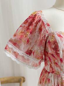 Dreamara Gaun Midi A-Line Patchwork Lengan Berkerut Dua Lapis Motif Bunga Chiffon Merah Ukuran Plus untuk Liburan Musim Semi Wanita - MultiWarna - View 7
