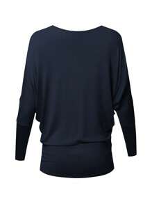 Hanevo Women's Fashion Round Neck Loose Batwing Sleeve Side Ruched Long Sleeve T-Shirt - Navy Blue - View 2