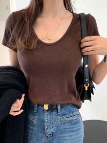 DAZY Women Round Neck Short Sleeve Basic Fitted T-Shirt, Solid Brown Color, Spring/Summer
