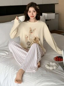 Bộ đồ ngủ áo in hình hoạt hình và quần ngủ kẻ sọc - trắng - Xem 1