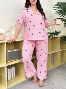 Slumberry CURVE Bộ đồ ngủ tay ngắn in hình trái tim sọc hồng cỡ lớn kèm quần dài cho ngày lễ tình nhân - Hồng - Xem 6