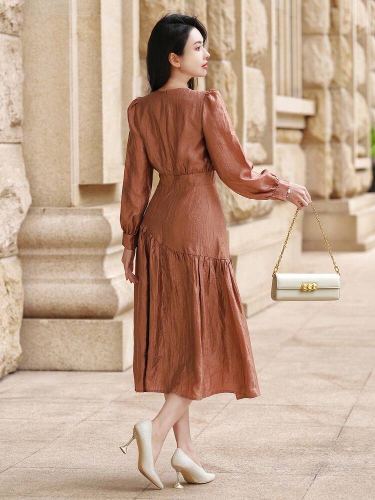 Solid Color Puff Sleeve Ruched Midi Dress For Women Elegant,Formal Women Dresses,Fall Dress Long Sleeve Dress