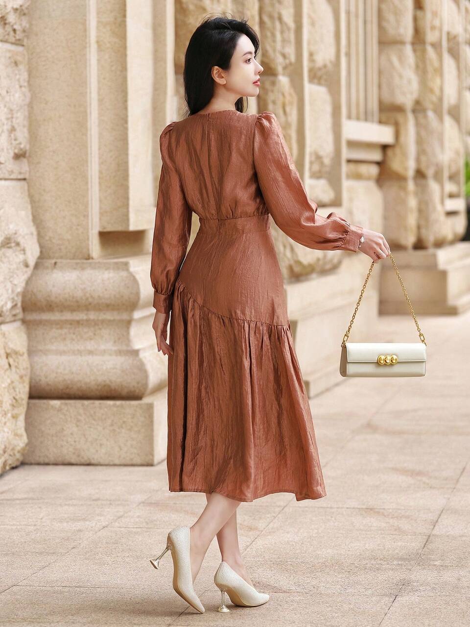 Solid Color Puff Sleeve Ruched Midi Dress For Women Elegant,Formal Women Dresses,Fall Dress Long Sleeve Dress