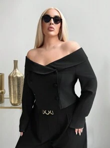 SHEIN SXY Áo khoác ngắn màu đen thanh lịch cỡ lớn dành cho nữ, phù hợp để mặc hàng ngày, đêm hẹn hò, sinh nhật, tiệc độc thân, thanh lịch, giản dị, mua sắm, dạo phố, đi chơi, dễ phối đồ và trông thon gọn, tôn lên vóc dáng, tôn dáng - màu đen - Xem 3