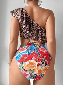 女士沙滩装，夏季海滩度假性感豹纹花卉拼布镂空荷叶边连体泳衣 - 彩色 - 查看 2
