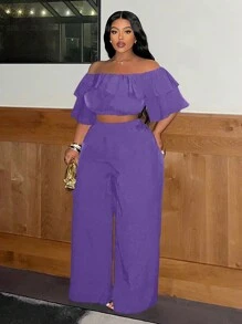 Slaydiva Casual Basic Off-Shoulder Ruffle Top And Wide-Leg Pants Women Plus Size Set - Purple - View 3