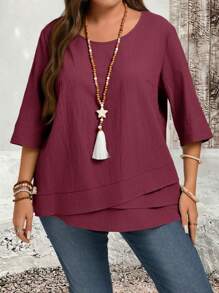 Rusticease Camisa asimétrica de talla grande color rojo rosa para ropa de otoño - Rosa Roja - Ver 3
