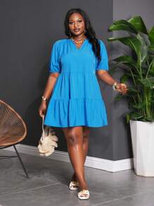 Slaydiva 宽松纯色灯笼袖 A 字形荷叶边下摆大码女式连衣裙，休闲度假风格，春夏