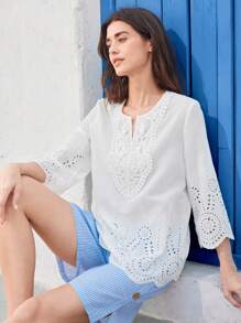 EMERY ROSE Women's Solid Color Contrast Lace Embroidered 3/4 Sleeve Casual Blouse