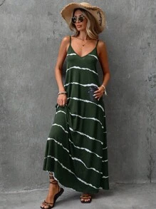 EMERY ROSE 女式春夏扎染条纹弹力针织休闲度假长款吊带裙