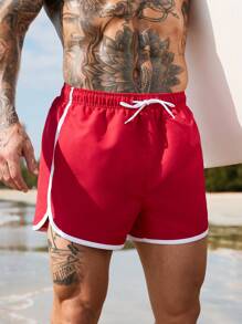 Manfinity Swimmode 男士抽绳腰休闲宽松沙滩短裤，男士泳裤，夏威夷风 - 紅色 - 查看 8