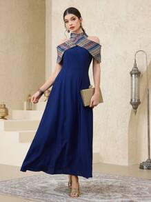 Al Najma 女式拼接几何图案露肩优雅阿拉伯连衣裙