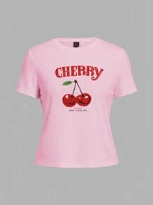 SHEIN EZwear 休闲樱桃印花圆领短袖修身女式 T 恤，适合夏季 - 粉色 - 查看 3