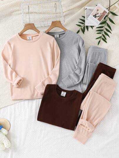 SHEIN Leap Crew 6pcs/Set Tween Boys Snug Fit Black White Grey Minimalist Crew Neck Long Sleeve T-Shirt And Pajama Pants, Comfy Fleece Thermal Underwear Set For Autumn/Winter