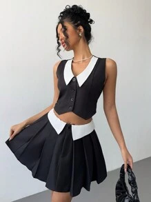 SHEIN Essnce 2 piezas Traje de mujer para primavera/verano con contraste de color en el cuello, falda plisada de cintura delgada + chaleco para uso diario