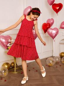 SHEIN 1 pieza Vestido elegante de estilo pastel con estampado floral rojo y tirantes para niñas preadolescentes de estilo casual y moderno, juegos de ropa a juego familiar (se venden por separado 2 piezas)