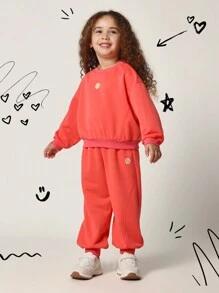 SUMWON Adorable Kids Two Piece Tracksuit Matching Set Winter Fall Wear Athletic Sport Training Outfit With Floral Emblem - Coral Orange - View 1