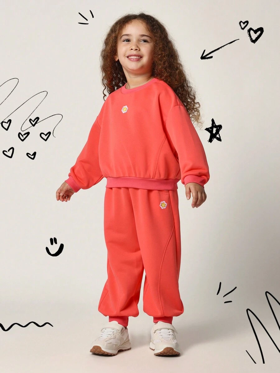 SUMWON Adorable Kids Two Piece Tracksuit Matching Set Winter Fall Wear Athletic Sport Training Outfit With Floral Emblem - Coral Orange - View 1