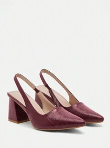 CUCCOO BIZCHIC Burgundy Stone Texture Back Strap Chunky Heel Pointed Toe Pumps, Fashion Dress Pumps For Work, Date, Party, Vacation Spring Shoes Spring Break Easter For Christmas - Burgundy - View 9